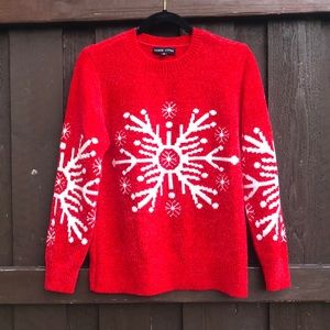 Black Rivet red holiday sweater with snowflake design